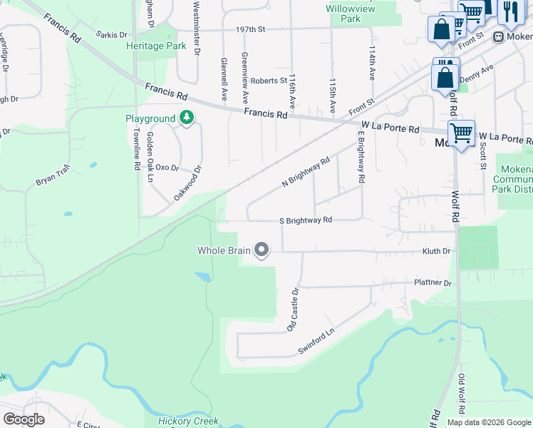 map of restaurants, bars, coffee shops, grocery stores, and more near 11628 North Brightway Road in Mokena