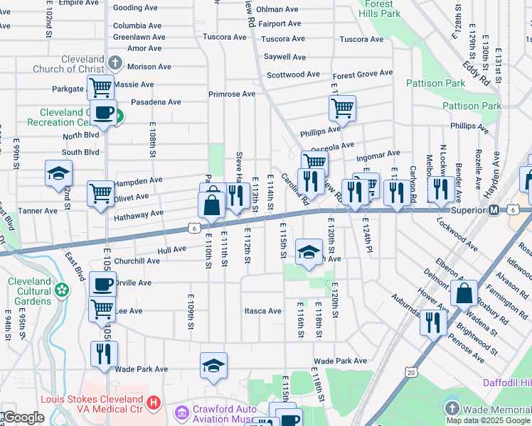 map of restaurants, bars, coffee shops, grocery stores, and more near 11332 Superior Avenue in Cleveland