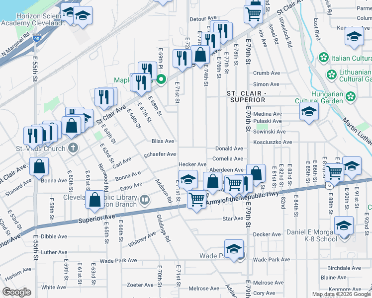 map of restaurants, bars, coffee shops, grocery stores, and more near 7116 Donald Avenue in Cleveland