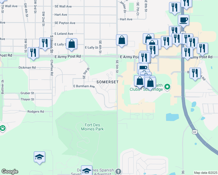 map of restaurants, bars, coffee shops, grocery stores, and more near 6620 Southeast 5th Street in Des Moines