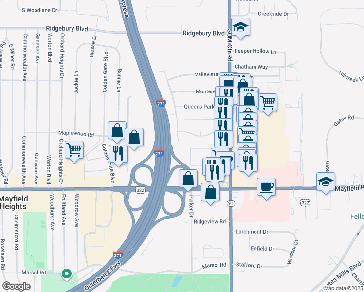 map of restaurants, bars, coffee shops, grocery stores, and more near 6550 Maplewood Road in Mayfield Heights