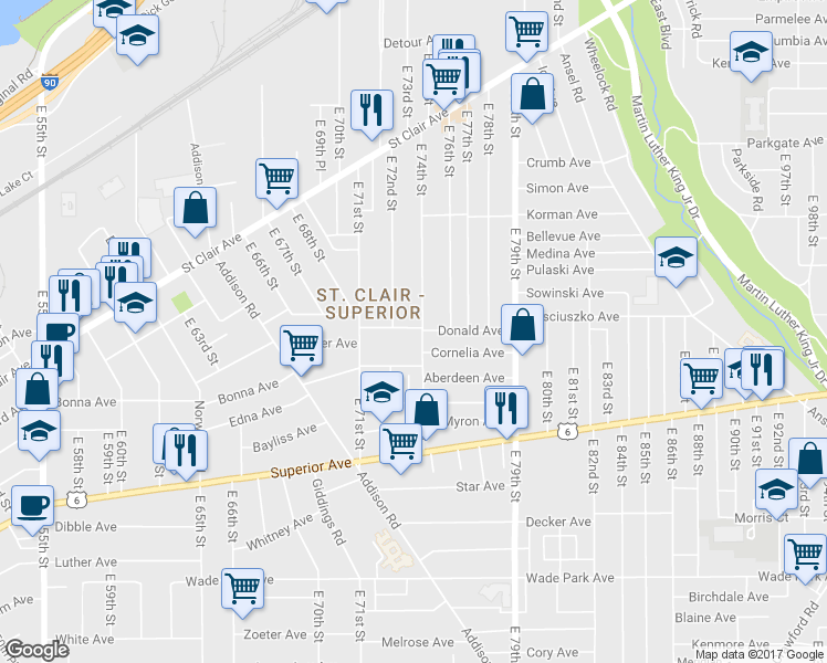 map of restaurants, bars, coffee shops, grocery stores, and more near 7306 Donald Avenue in Cleveland