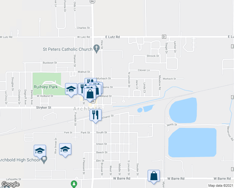 map of restaurants, bars, coffee shops, grocery stores, and more near 218 E Holland St in Archbold