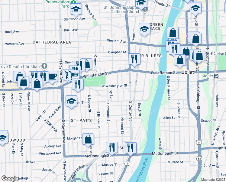 map of restaurants, bars, coffee shops, grocery stores, and more near 12 Ivy Street in Joliet
