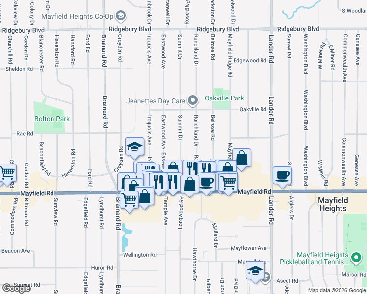 map of restaurants, bars, coffee shops, grocery stores, and more near 1379 Summit Drive in Mayfield Heights