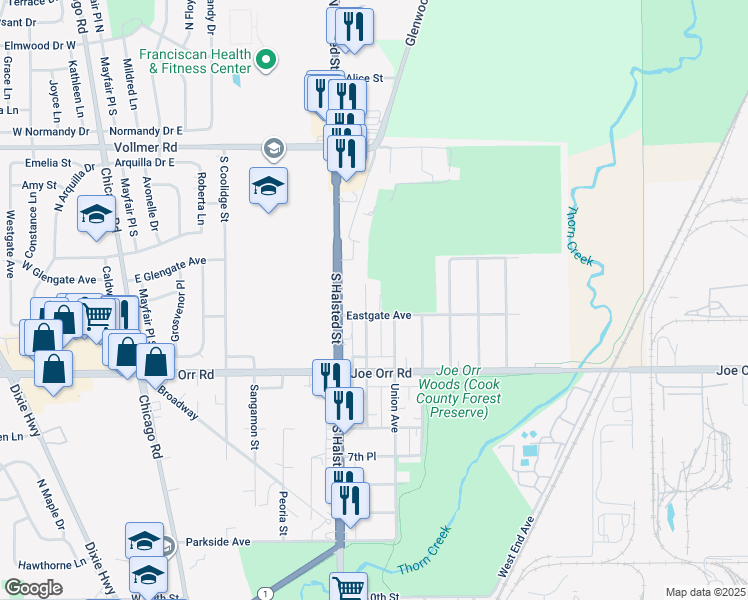 map of restaurants, bars, coffee shops, grocery stores, and more near 431 Emerald Avenue in Chicago Heights
