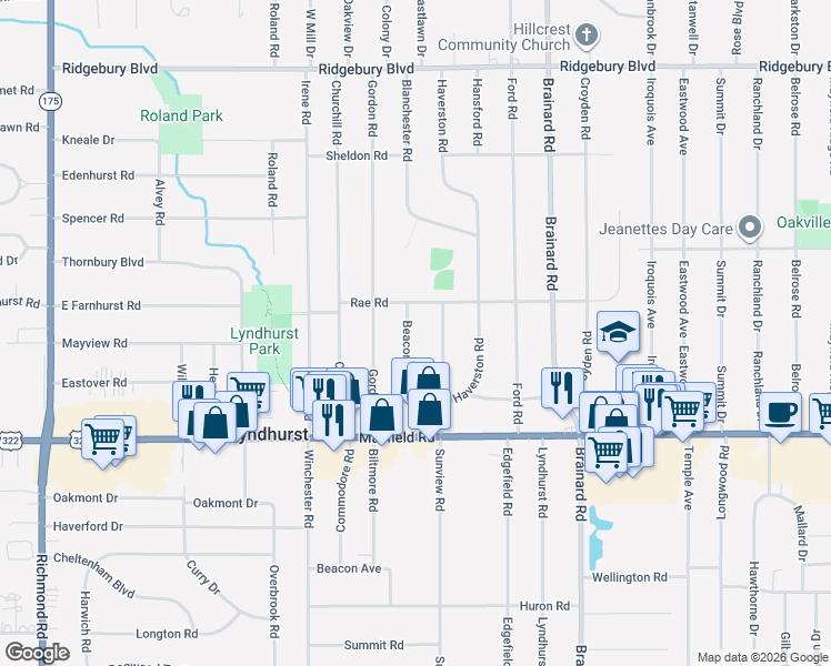 map of restaurants, bars, coffee shops, grocery stores, and more near 1359 Beaconfield Road in Lyndhurst