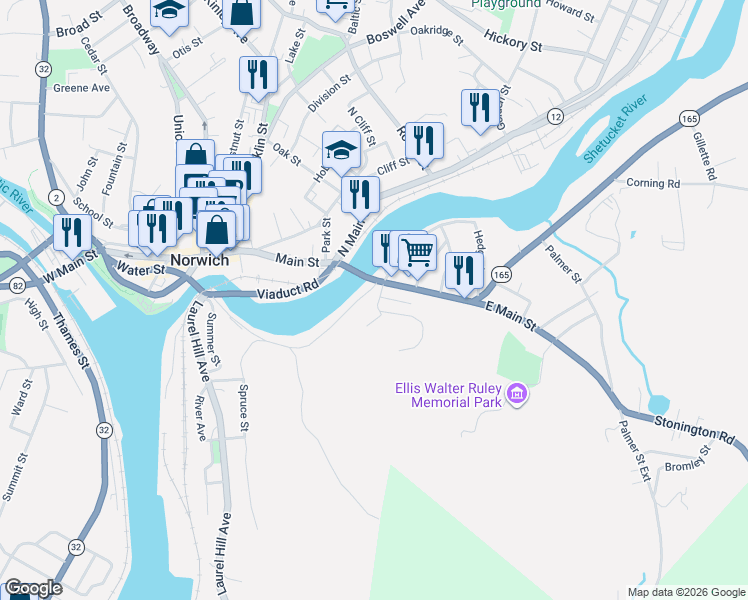 map of restaurants, bars, coffee shops, grocery stores, and more near 181 Talman Street in Norwich