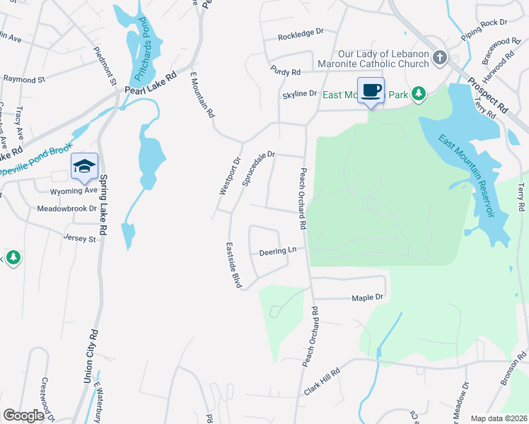 map of restaurants, bars, coffee shops, grocery stores, and more near 39 Brackenridge Drive in Waterbury