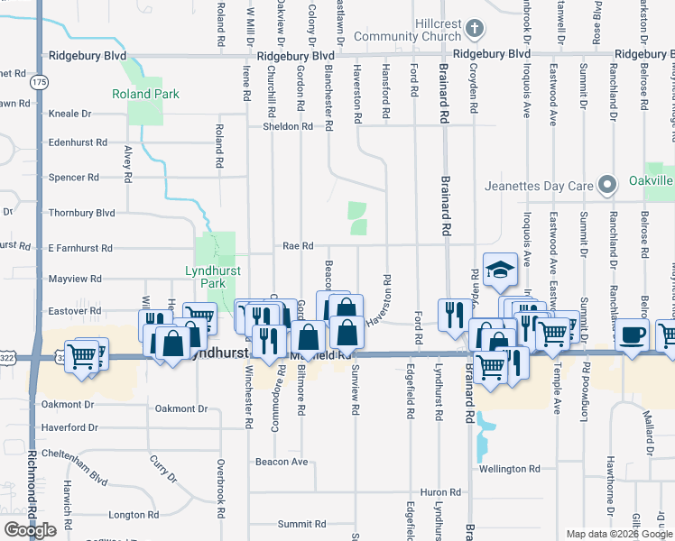 map of restaurants, bars, coffee shops, grocery stores, and more near 1359 Beaconfield Road in Lyndhurst
