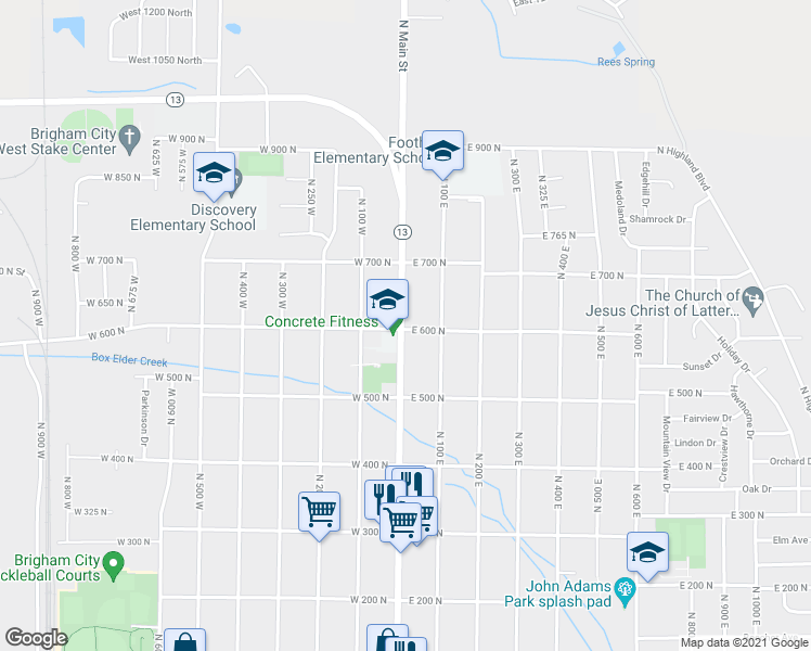 map of restaurants, bars, coffee shops, grocery stores, and more near 604 North Main Street in Brigham City