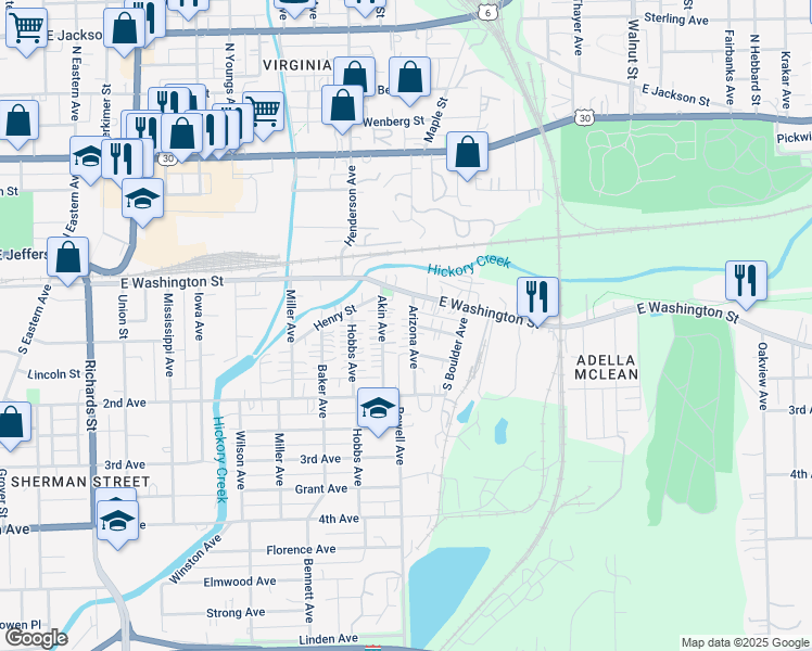 map of restaurants, bars, coffee shops, grocery stores, and more near 113 Arizona Avenue in Joliet