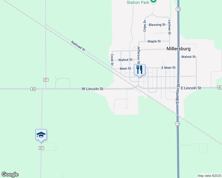 map of restaurants, bars, coffee shops, grocery stores, and more near 12501 West Lincoln Street in Millersburg