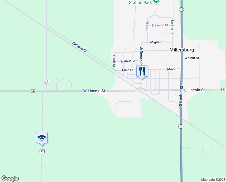 map of restaurants, bars, coffee shops, grocery stores, and more near County Road 42 in Millersburg