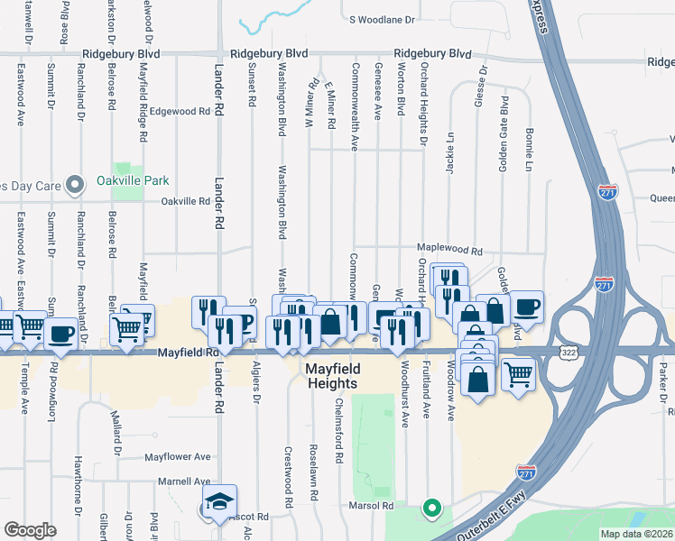 map of restaurants, bars, coffee shops, grocery stores, and more near 1377 East Miner Road in Mayfield Heights