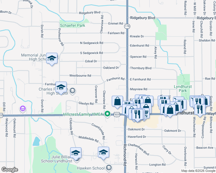 map of restaurants, bars, coffee shops, grocery stores, and more near 1333 Clearview Road in Lyndhurst