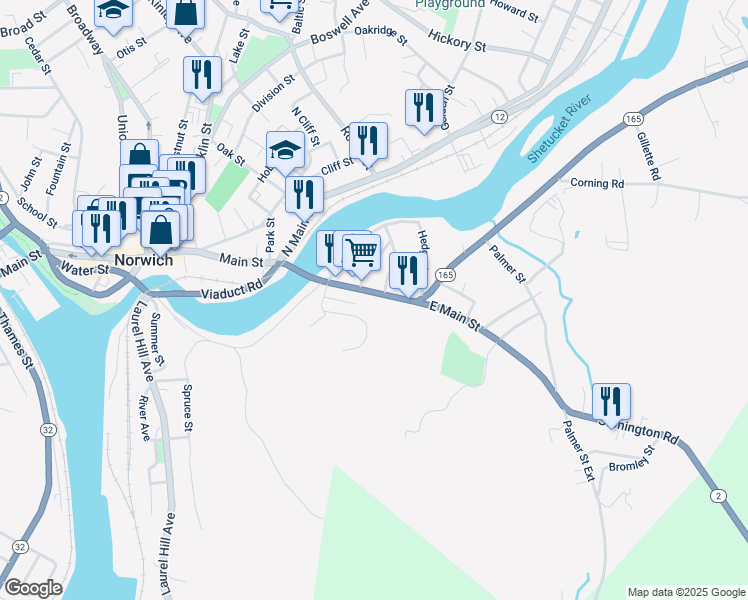map of restaurants, bars, coffee shops, grocery stores, and more near 463 East Main Street in Norwich