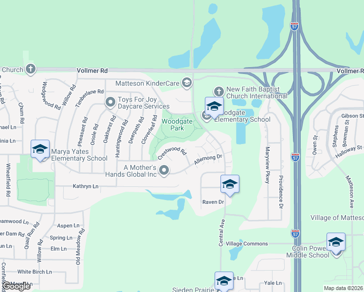 map of restaurants, bars, coffee shops, grocery stores, and more near 5636 Crestwood Road in Matteson