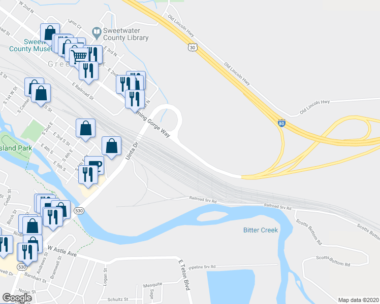 map of restaurants, bars, coffee shops, grocery stores, and more near East Flaming Gorge Way in Green River