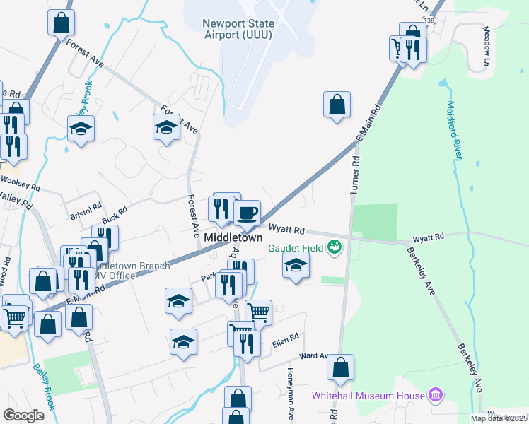 map of restaurants, bars, coffee shops, grocery stores, and more near 576 East Main Road in Middletown