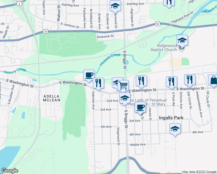 map of restaurants, bars, coffee shops, grocery stores, and more near 1501 East Washington Street in Joliet