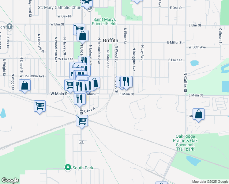 map of restaurants, bars, coffee shops, grocery stores, and more near 300 East Main Street in Griffith
