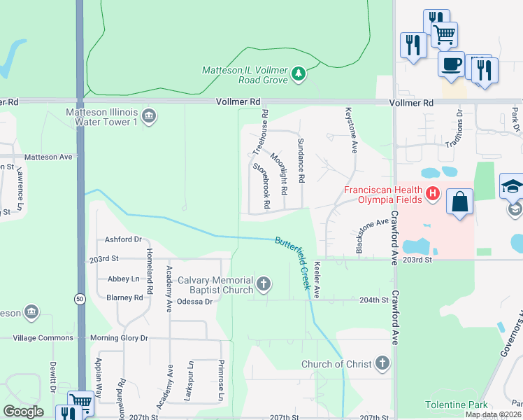 map of restaurants, bars, coffee shops, grocery stores, and more near 164 Stonebrook Road in Matteson