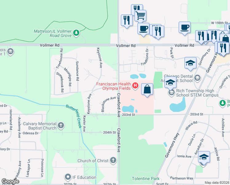 map of restaurants, bars, coffee shops, grocery stores, and more near 20124 Crawford Avenue in Matteson