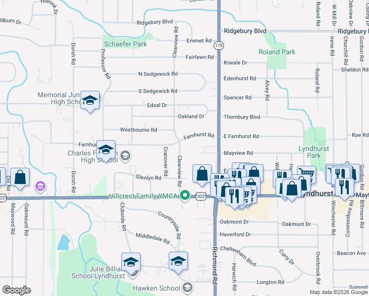 map of restaurants, bars, coffee shops, grocery stores, and more near 1333 Clearview Road in Lyndhurst