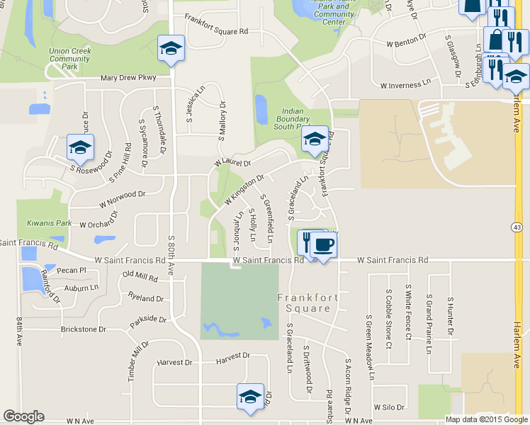 map of restaurants, bars, coffee shops, grocery stores, and more near 20154 South Greenfield Lane in Frankfort