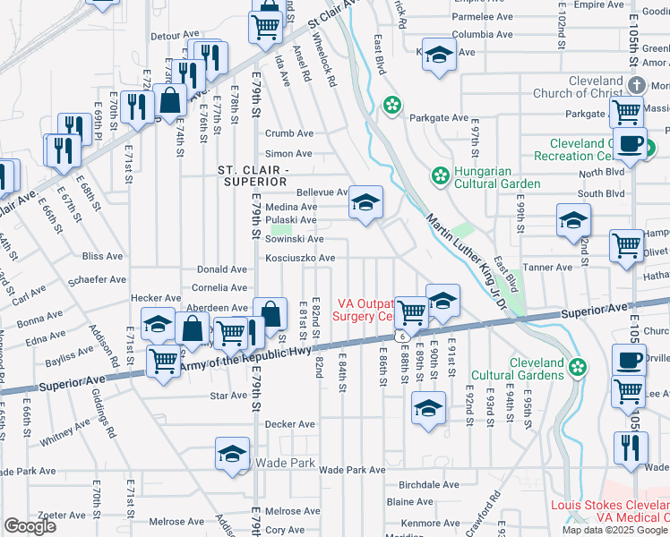 map of restaurants, bars, coffee shops, grocery stores, and more near 1181 East 83rd Street in Cleveland
