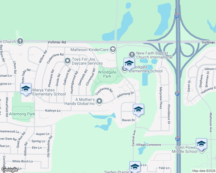 map of restaurants, bars, coffee shops, grocery stores, and more near 5636 Crestwood Road in Matteson