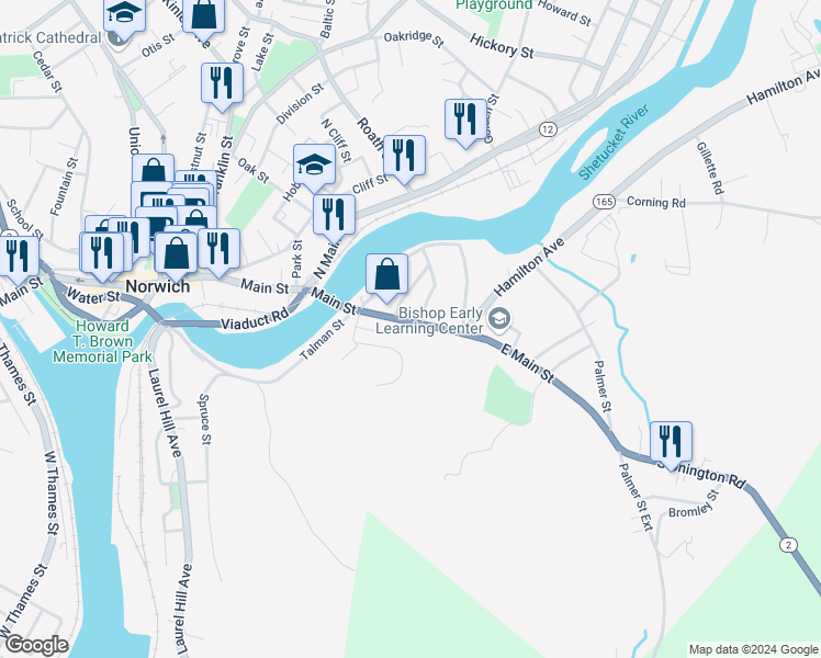 map of restaurants, bars, coffee shops, grocery stores, and more near 463 East Main Street in Norwich
