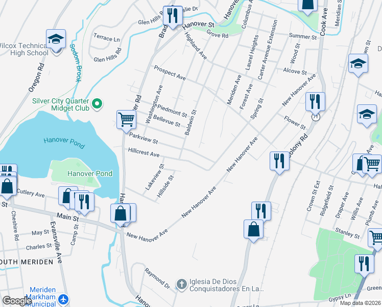 map of restaurants, bars, coffee shops, grocery stores, and more near 180 Parkview Street in Meriden