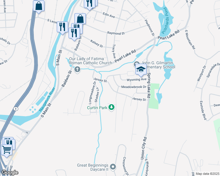 map of restaurants, bars, coffee shops, grocery stores, and more near 136 Jersey Street in Waterbury