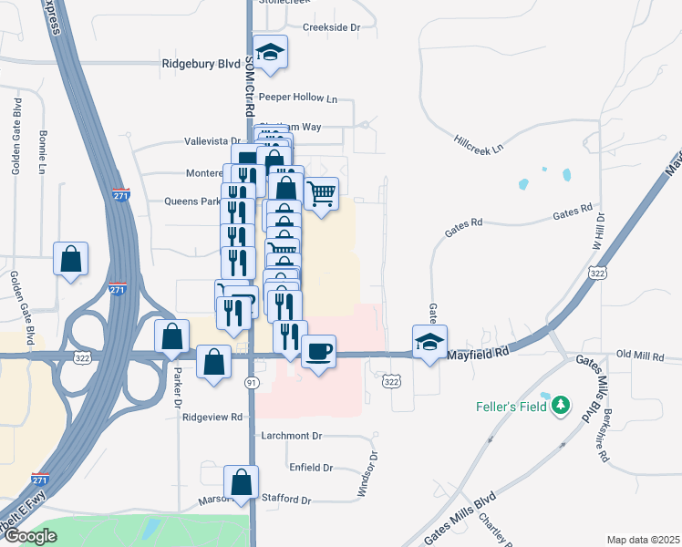 map of restaurants, bars, coffee shops, grocery stores, and more near 6757 Mayfield Road in Mayfield Heights