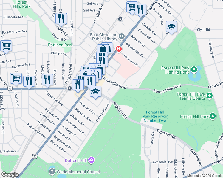 map of restaurants, bars, coffee shops, grocery stores, and more near 1848 Forest Hills Boulevard in East Cleveland