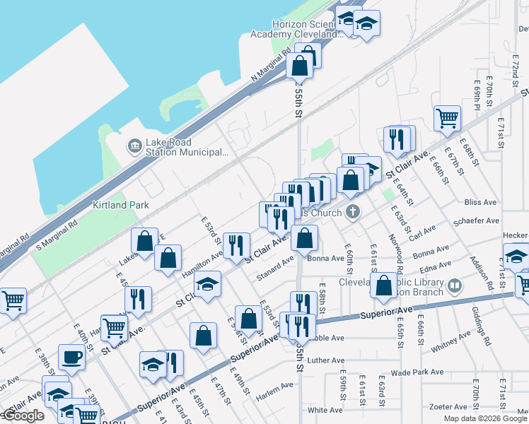 map of restaurants, bars, coffee shops, grocery stores, and more near 1208-1234 Marquette St in Cleveland