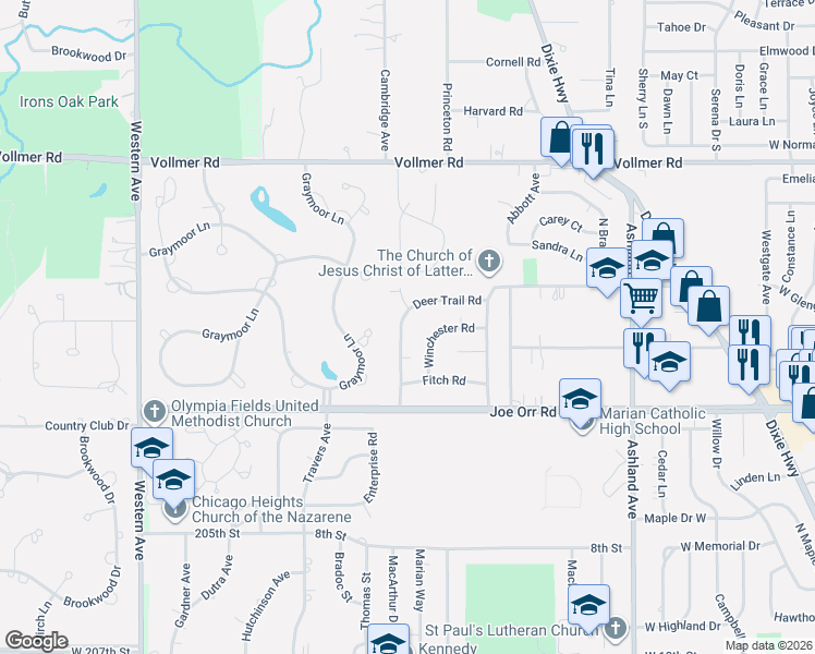 map of restaurants, bars, coffee shops, grocery stores, and more near 432 Winston Lane in Chicago Heights