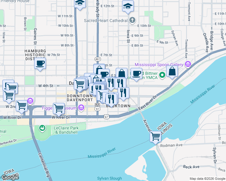 map of restaurants, bars, coffee shops, grocery stores, and more near 200e East 3rd Street in Davenport