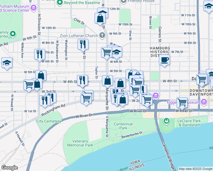 map of restaurants, bars, coffee shops, grocery stores, and more near 320 North Marquette Street in Davenport