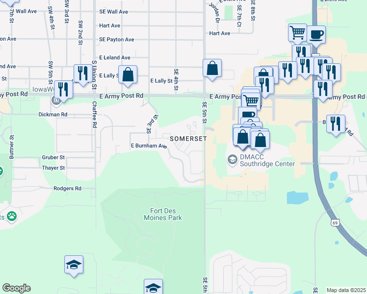 map of restaurants, bars, coffee shops, grocery stores, and more near 336 East Burnham Avenue in Des Moines