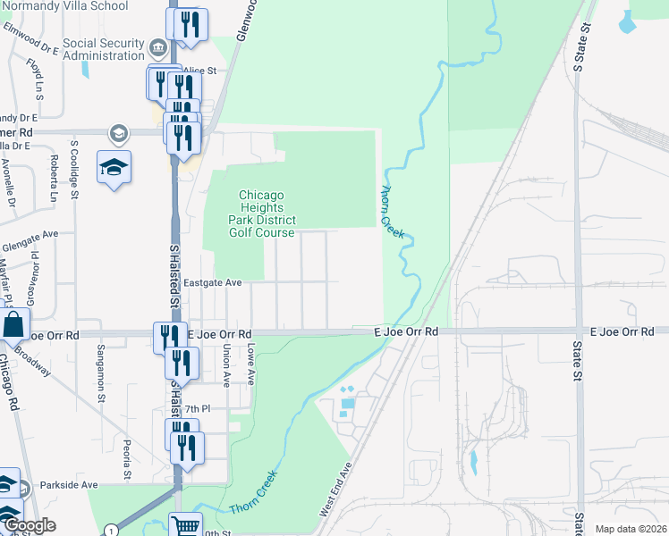 map of restaurants, bars, coffee shops, grocery stores, and more near 437 Normal Avenue in Chicago Heights