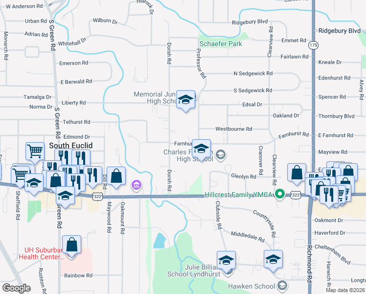 map of restaurants, bars, coffee shops, grocery stores, and more near 4750 Farnhurst Road in Cleveland