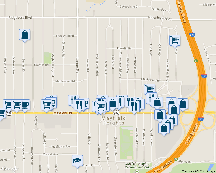 map of restaurants, bars, coffee shops, grocery stores, and more near 1375 W Miner Rd in Mayfield Heights