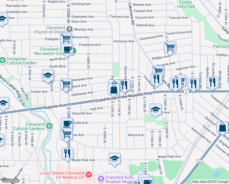 map of restaurants, bars, coffee shops, grocery stores, and more near 1269 Parkwood Drive in Cleveland