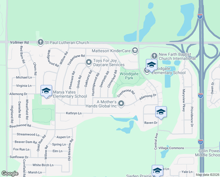 map of restaurants, bars, coffee shops, grocery stores, and more near 147 Cloverleaf Road in Matteson