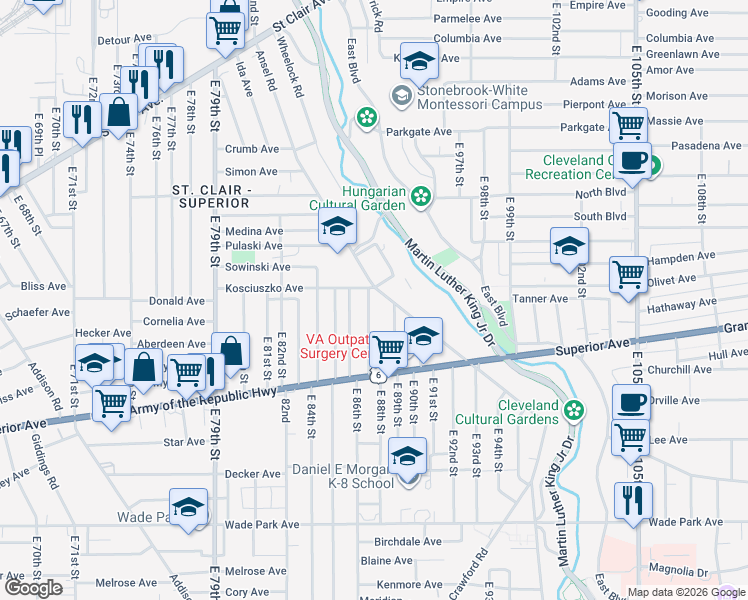 map of restaurants, bars, coffee shops, grocery stores, and more near 1181 East 87th Street in Cleveland