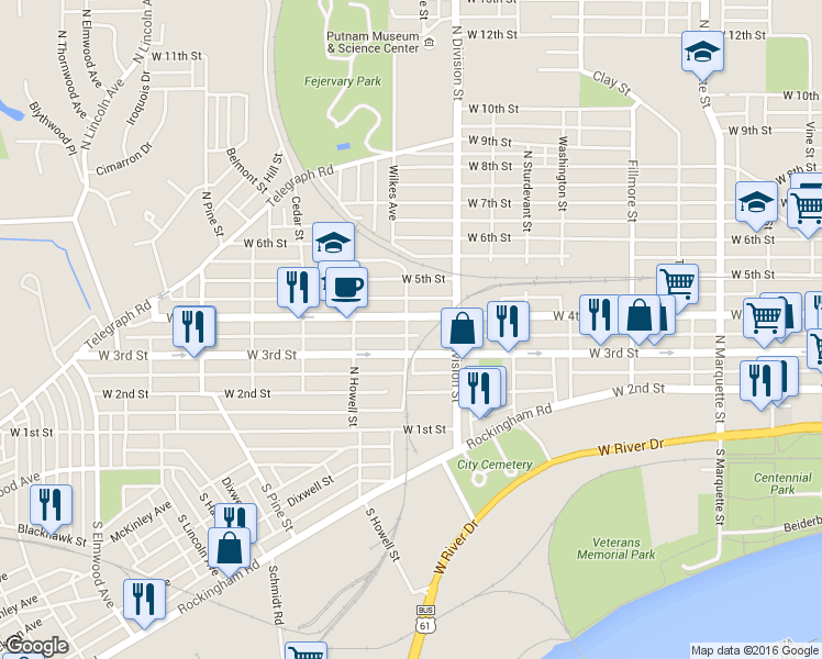 map of restaurants, bars, coffee shops, grocery stores, and more near 323 Wilkes Avenue in Davenport
