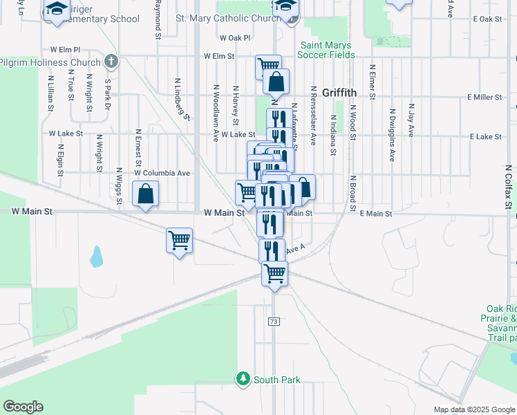 map of restaurants, bars, coffee shops, grocery stores, and more near 101 North Griffith Boulevard in Griffith